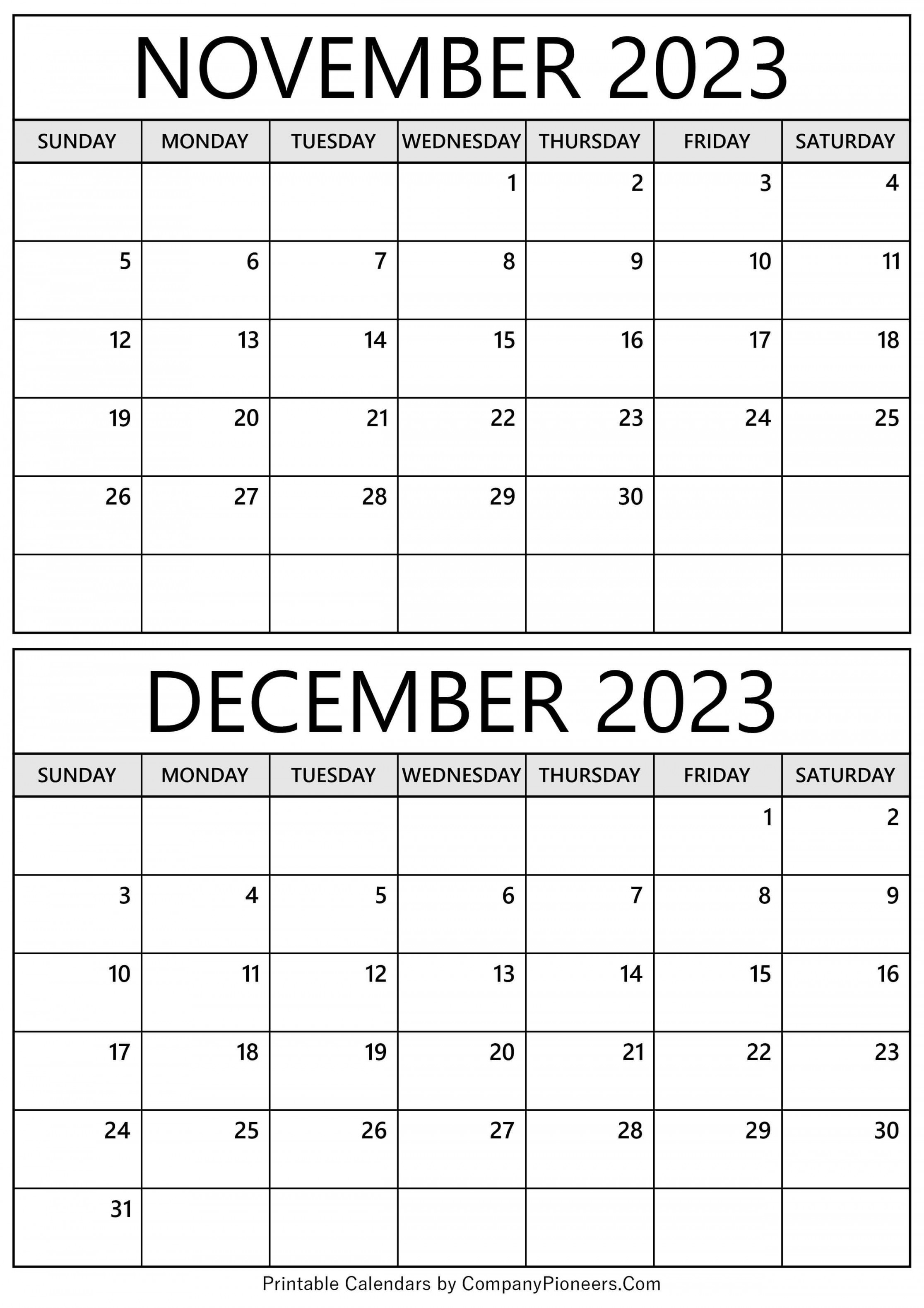 November December  Calendar Printable - Template