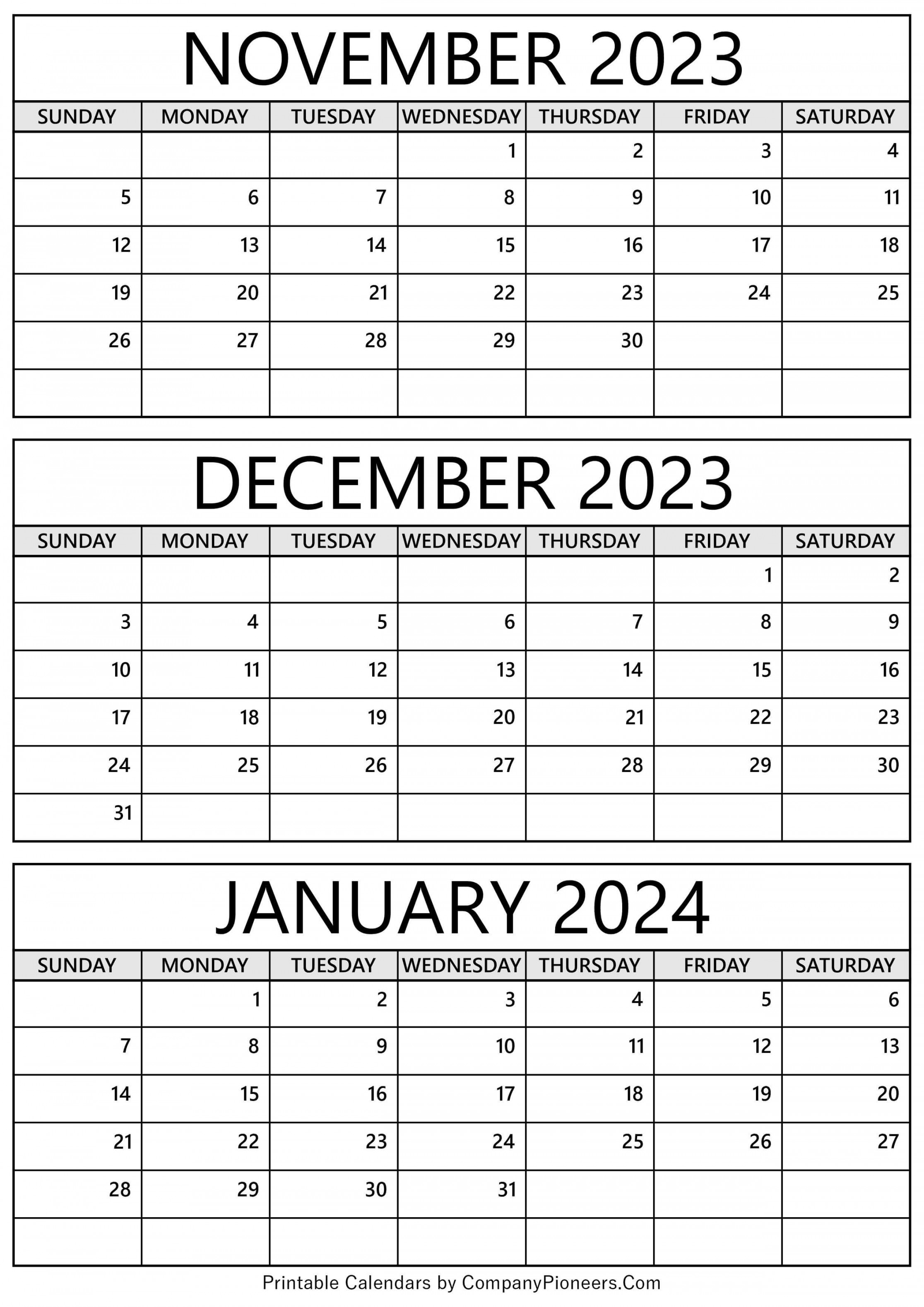 November December  January  Calendar Printable - Template