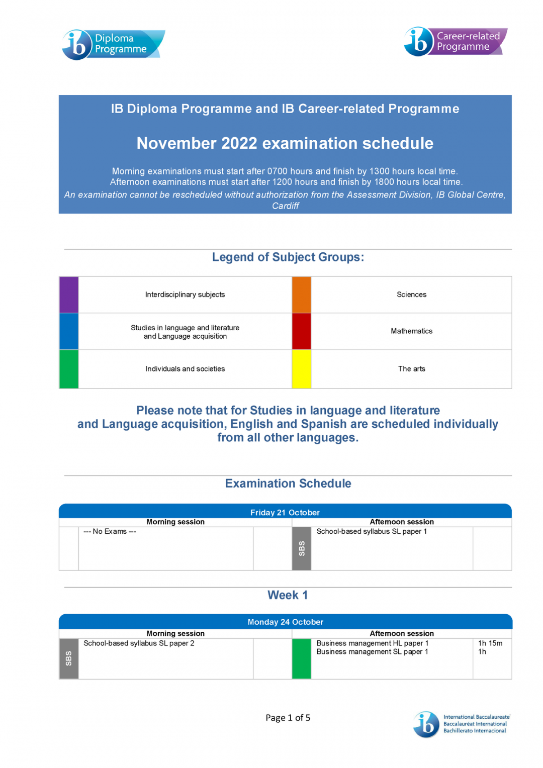 November examination schedule  - IB Diploma Programme and IB