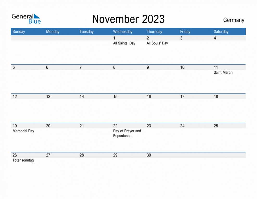 November  Monthly Calendar with Germany Holidays