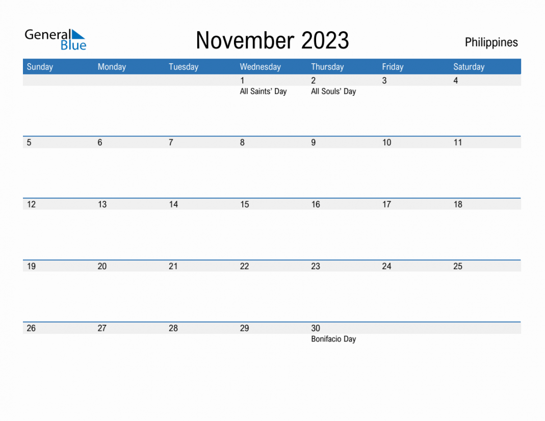 November  Monthly Calendar with Philippines Holidays