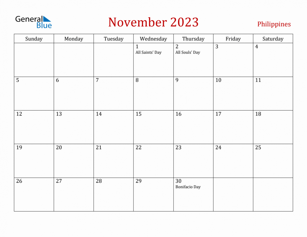 November  Philippines Monthly Calendar with Holidays