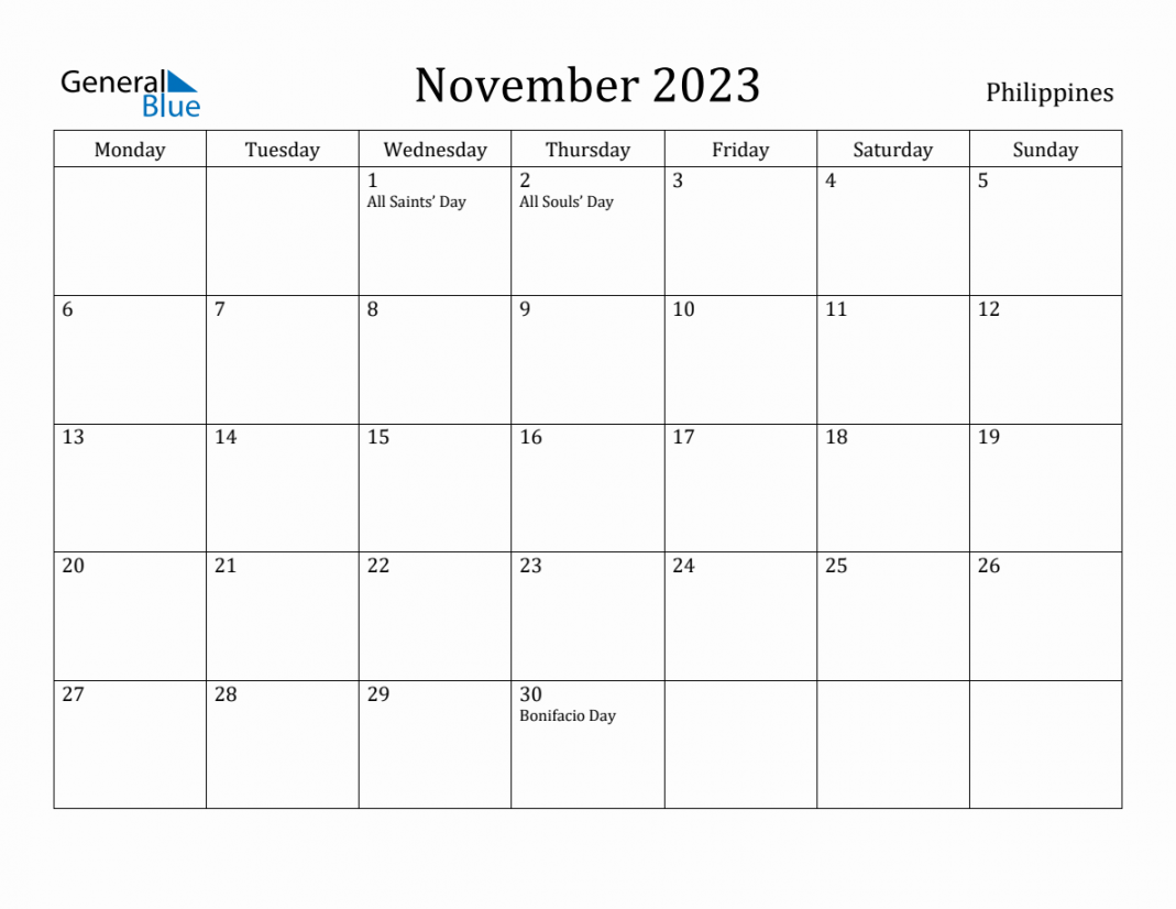 November  - Philippines Monthly Calendar with Holidays