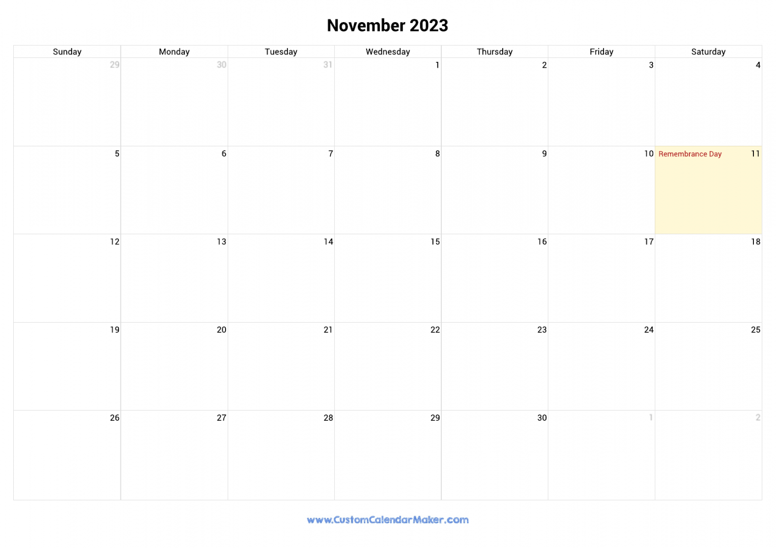 November  Printable Calendar With Canadian Holidays