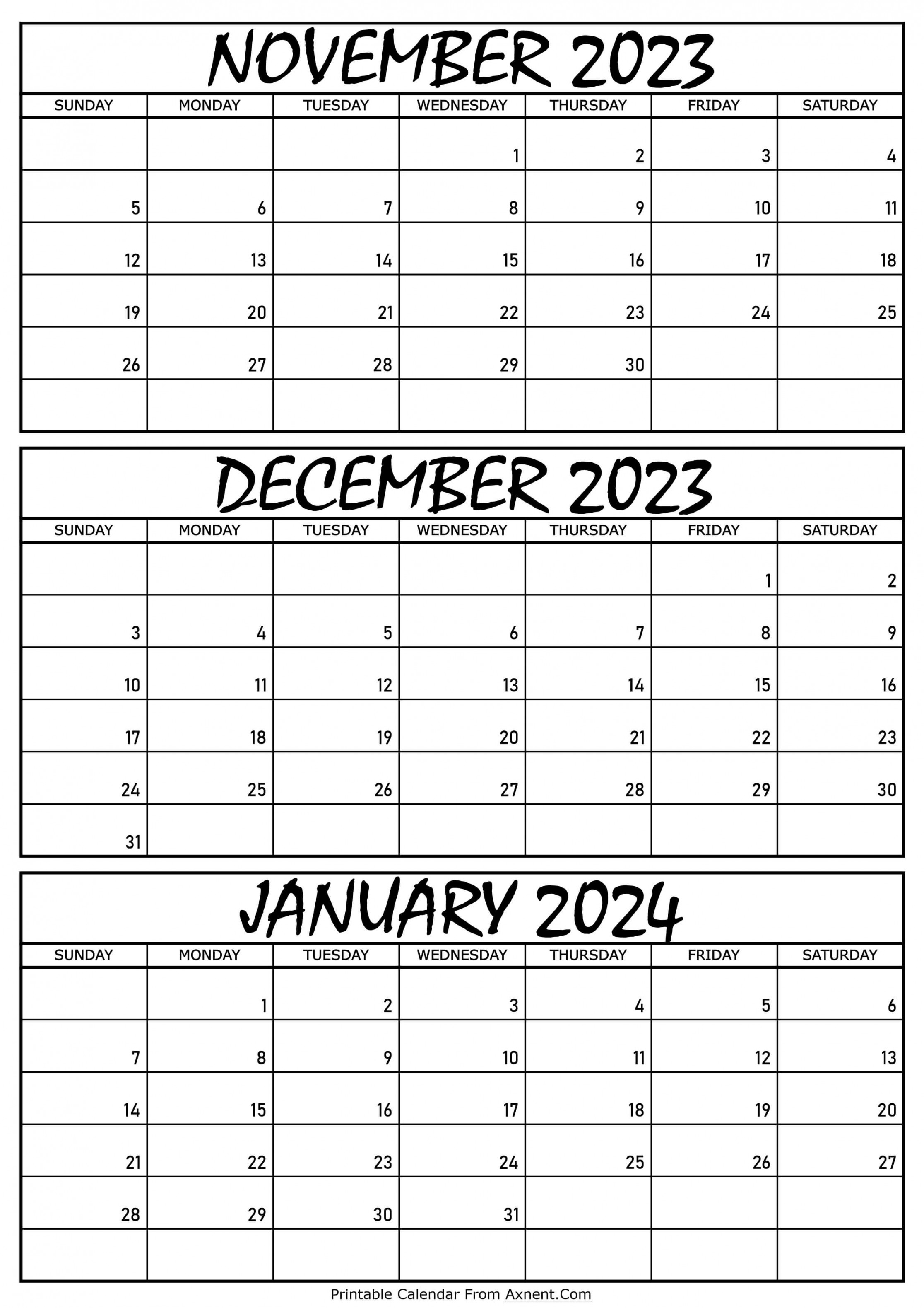 November  To January  Calendar Templates - Three Months