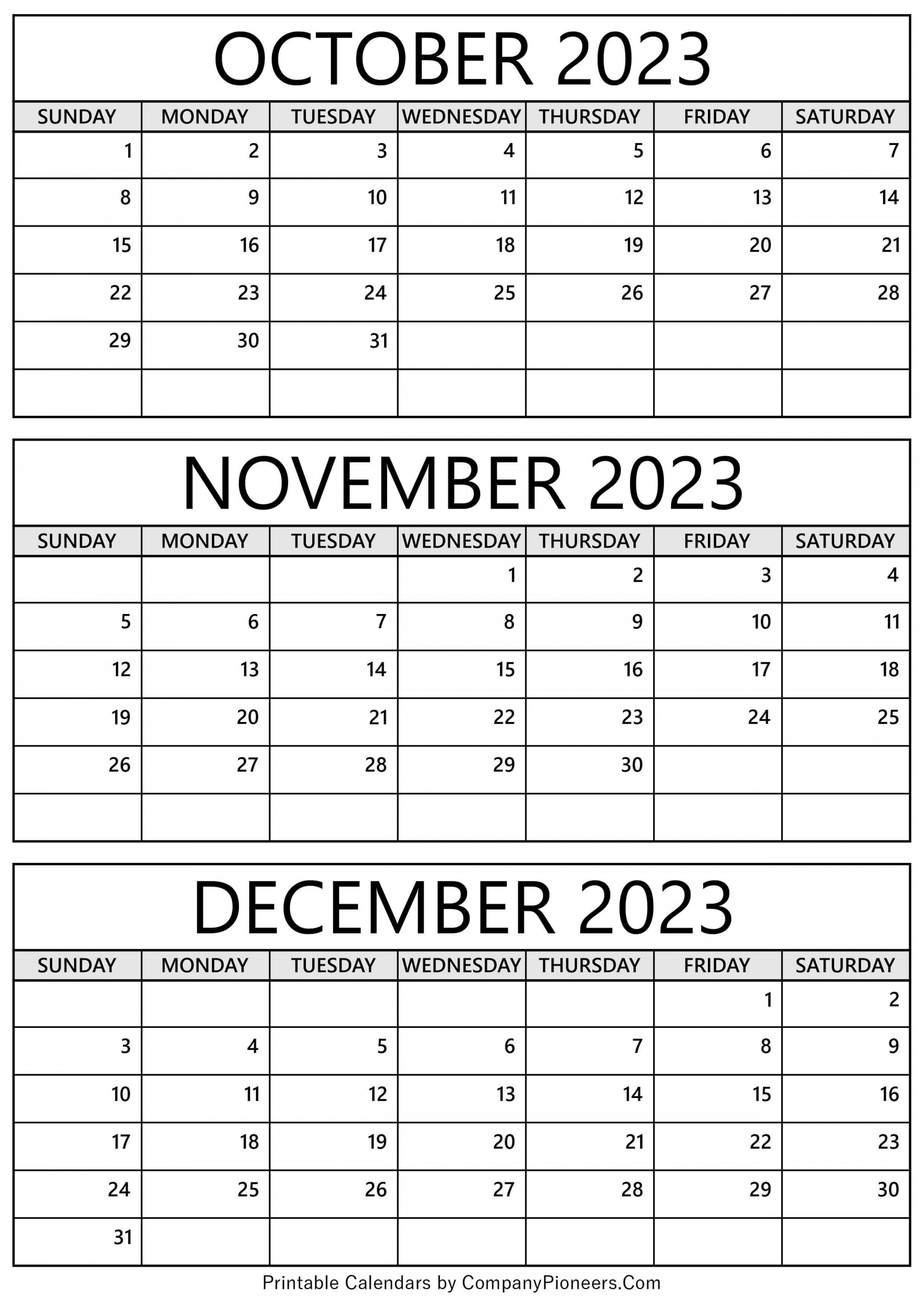 October November December  Calendar Printable - Template
