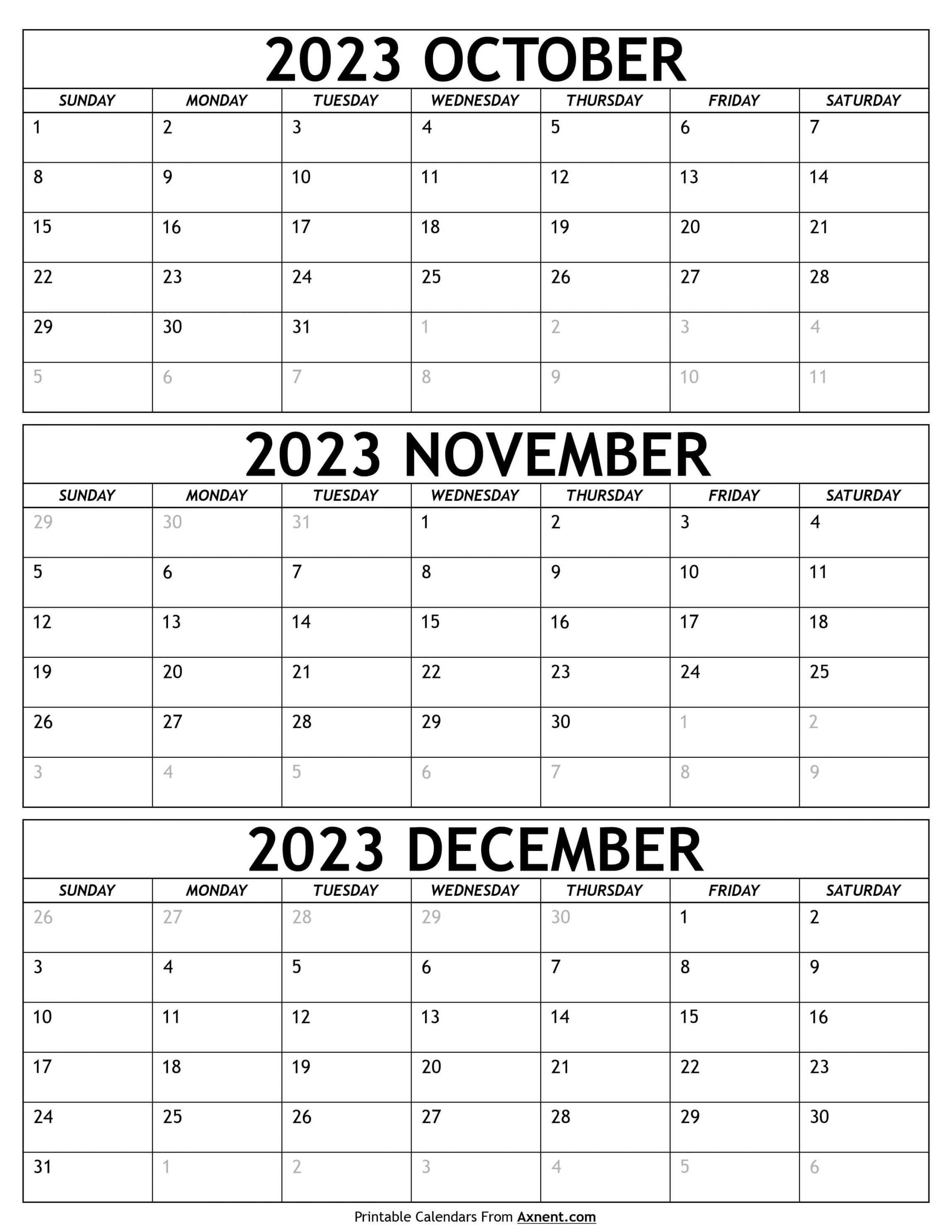 October To December  Calendar Templates - Three Months