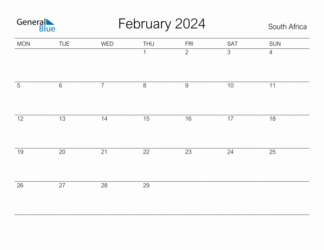Printable February  Monthly Calendar with Holidays for South