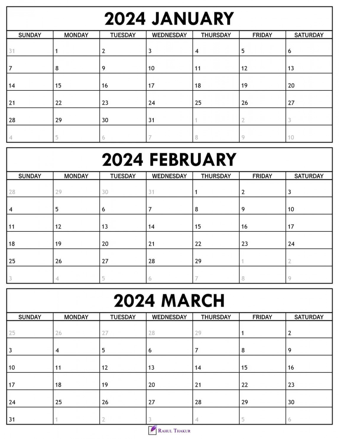 Printable January to March  Calendar Template - Thakur Writes