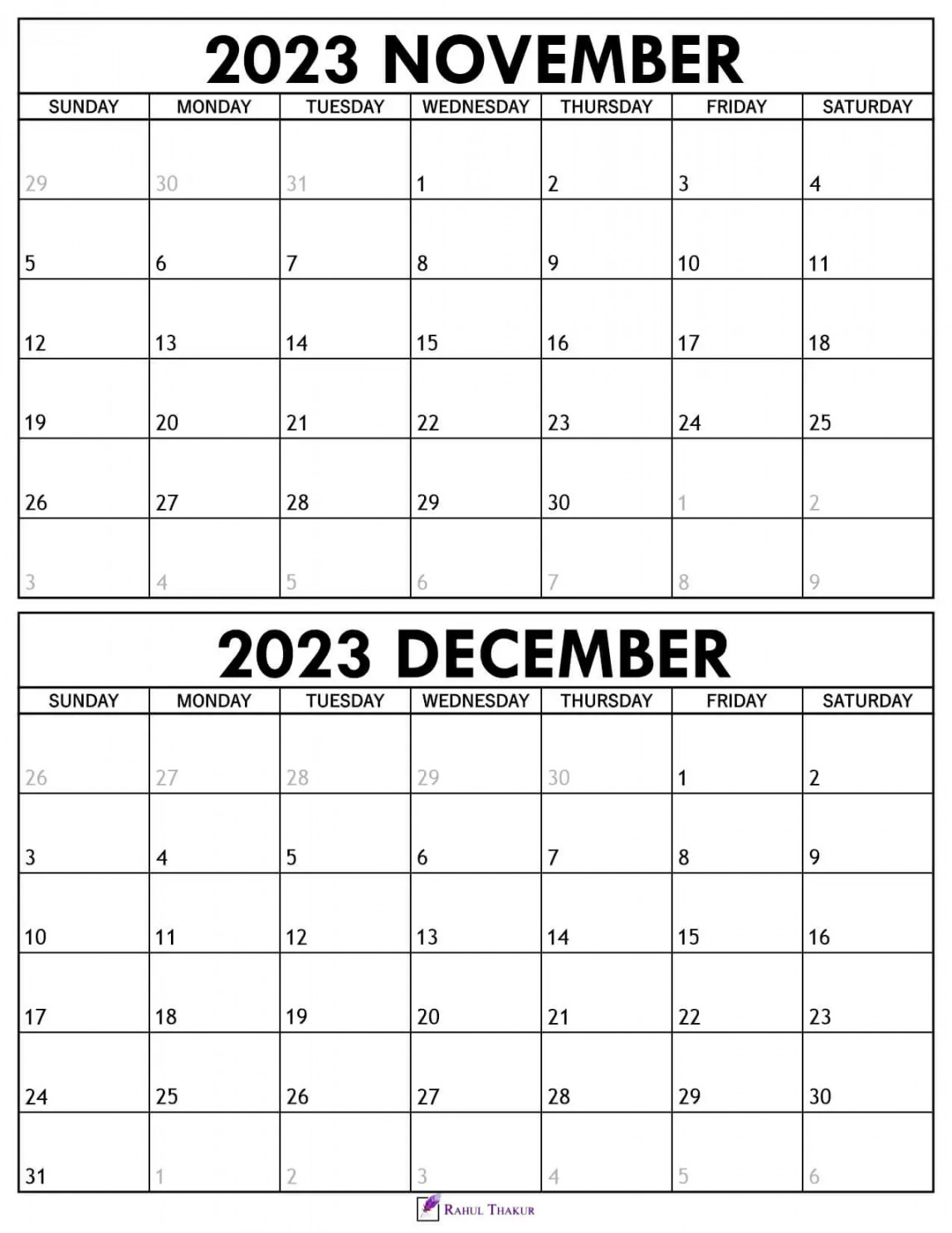 Printable November December  Calendar Template - Thakur Writes