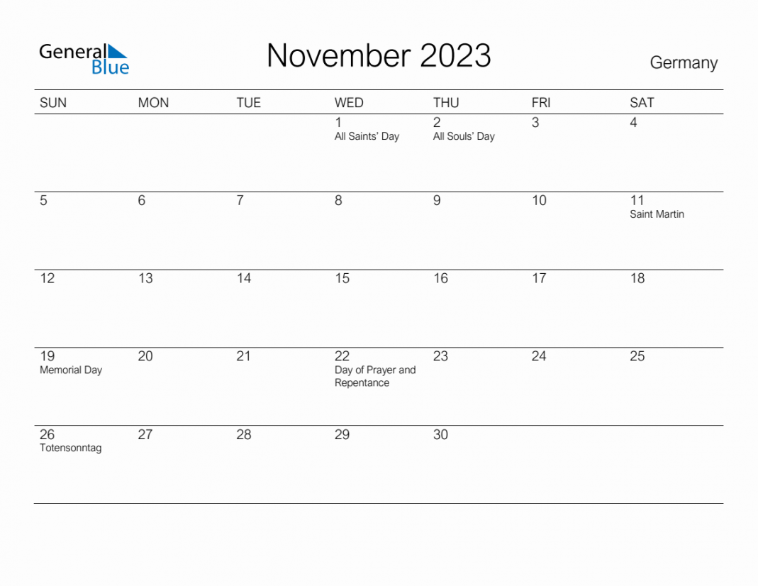 Printable November  Monthly Calendar with Holidays for Germany