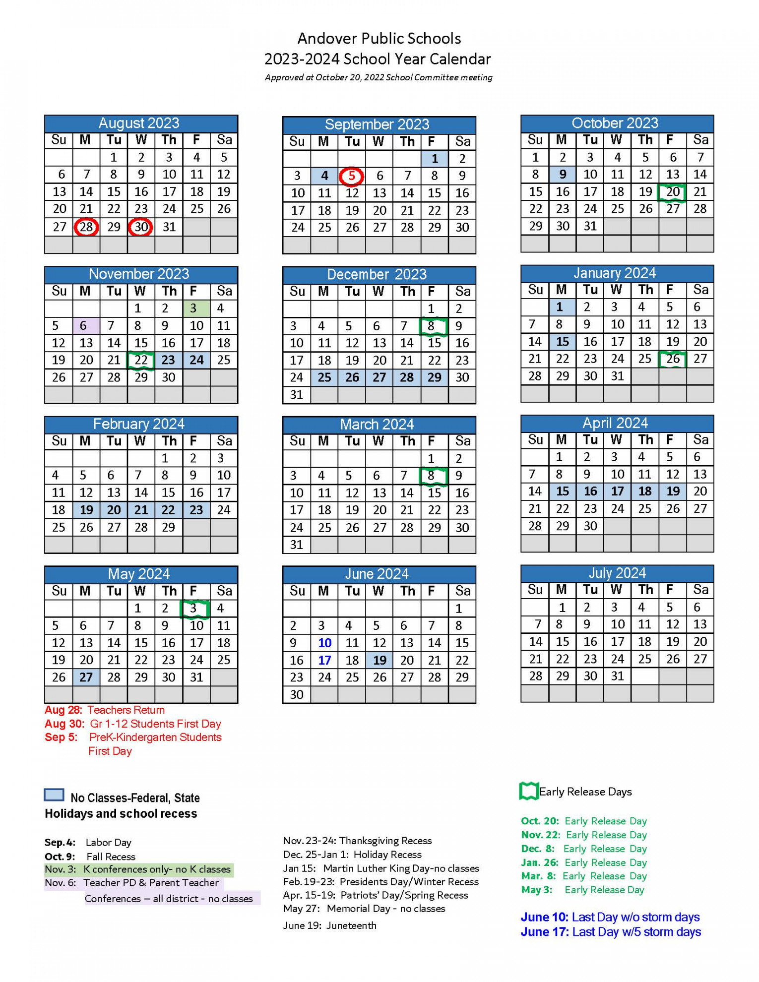 School Year Calendar -  Andover Public Schools - Official