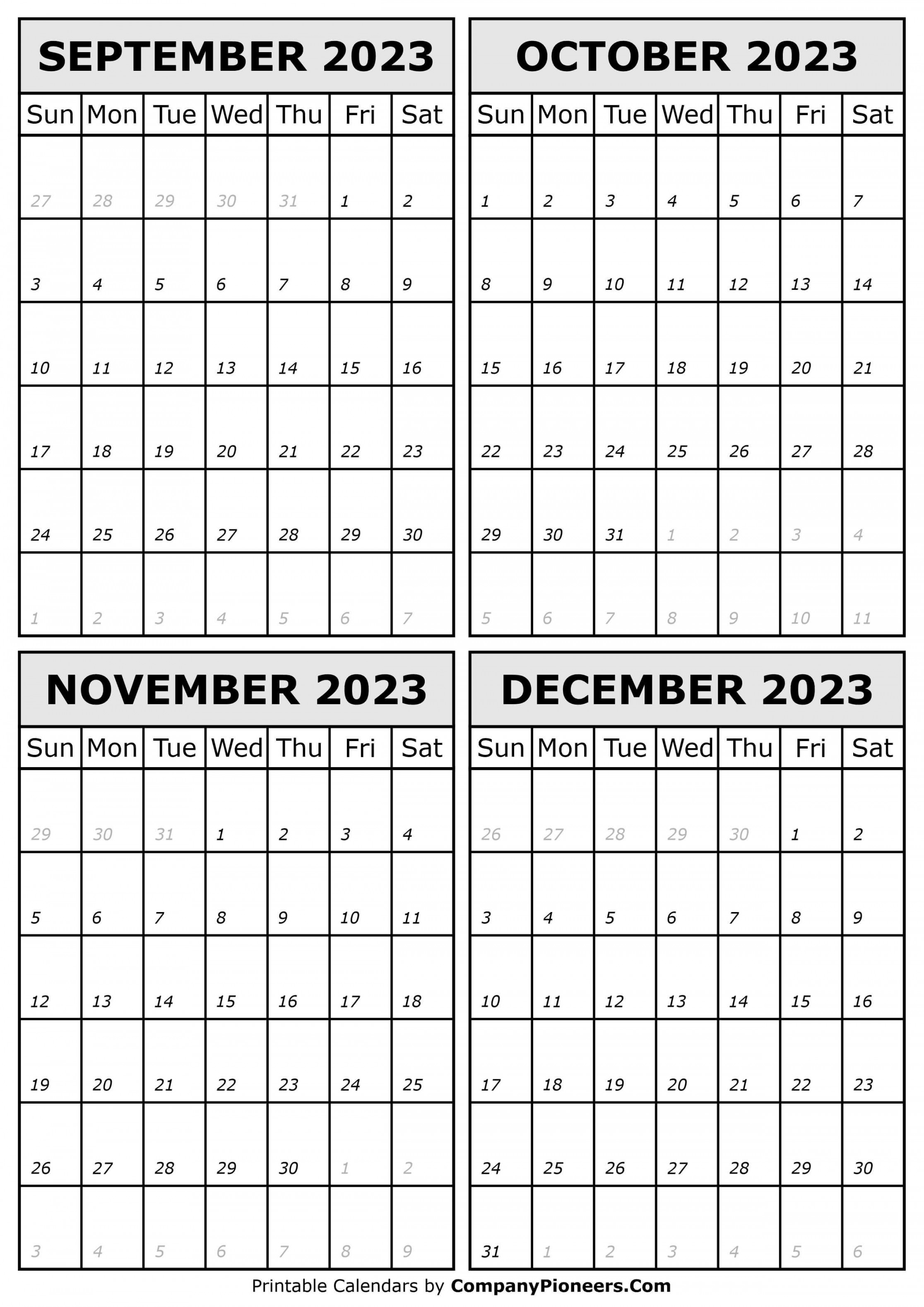September to December  Calendar Printable - Template