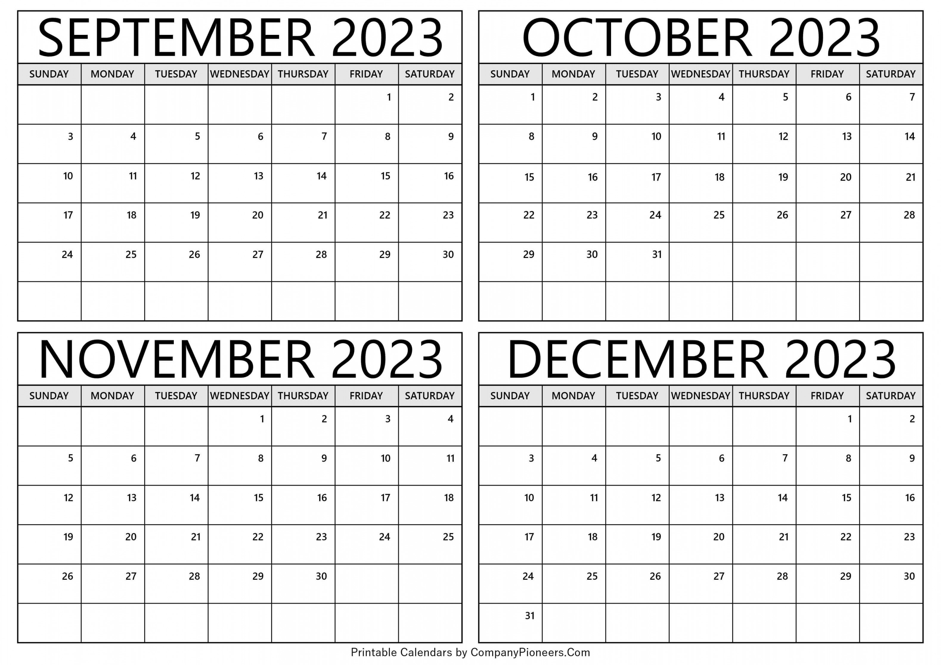 September to December  Calendar Printable - Template