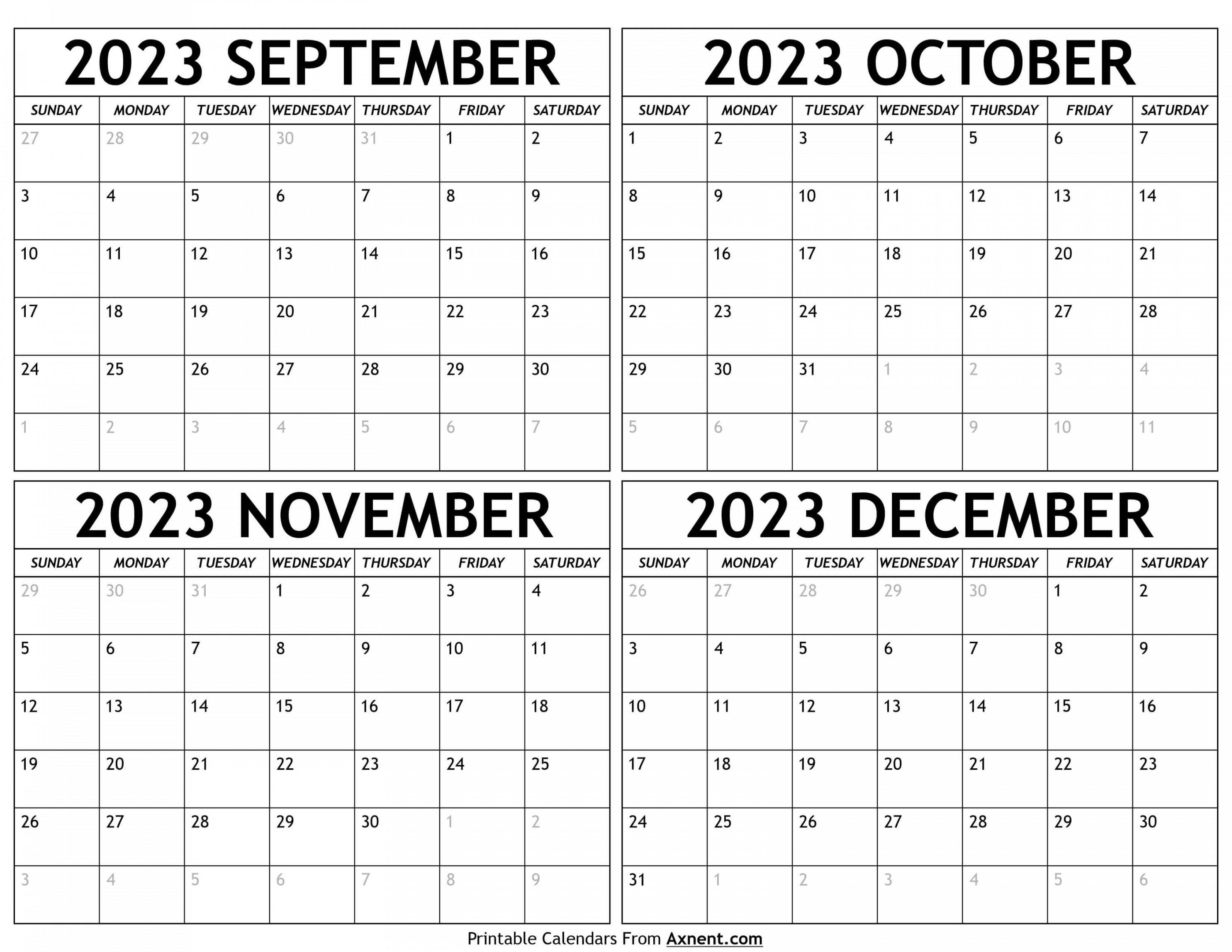 September To December  Calendar Templates - Four Months