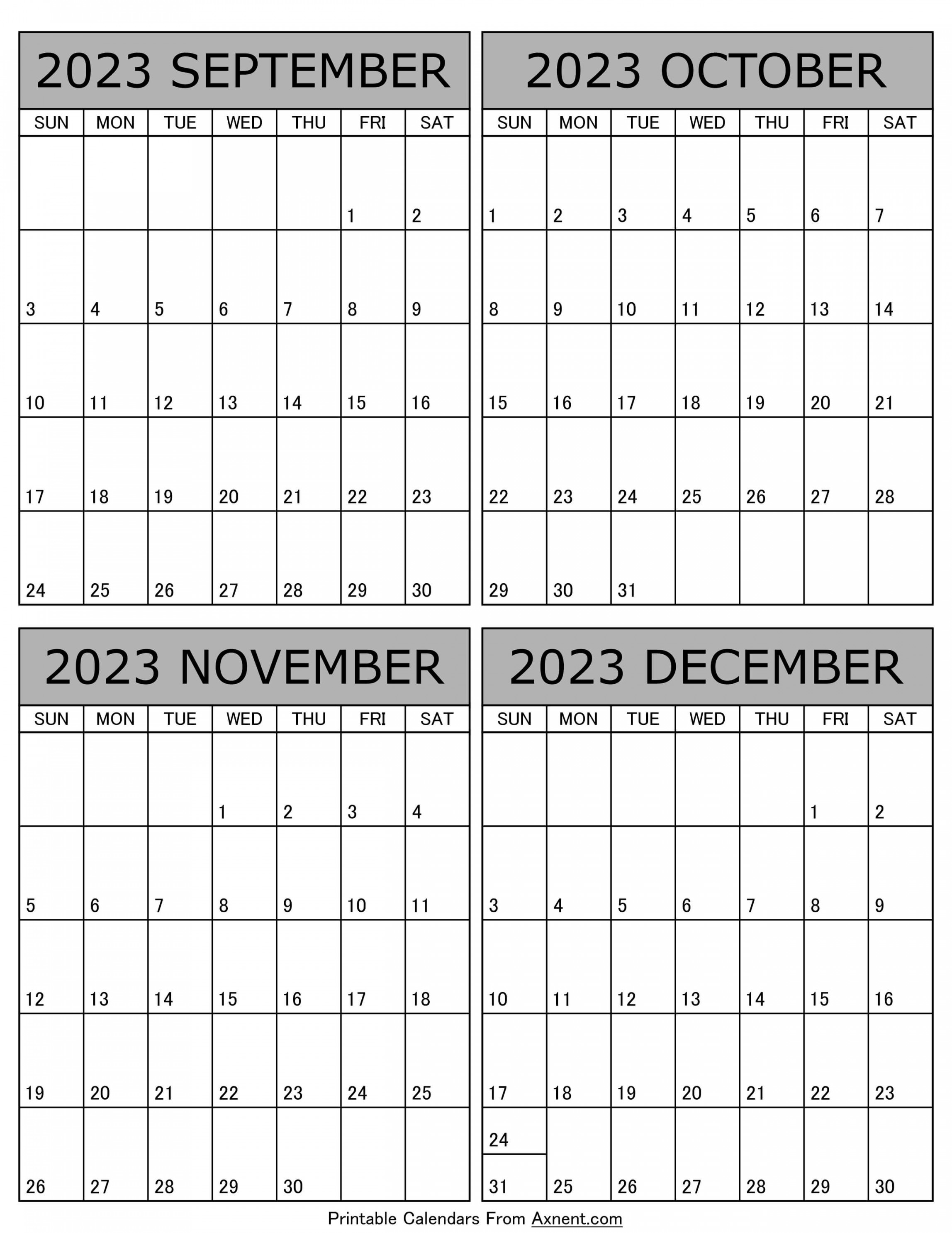 September To December  Calendar Templates - Four Months