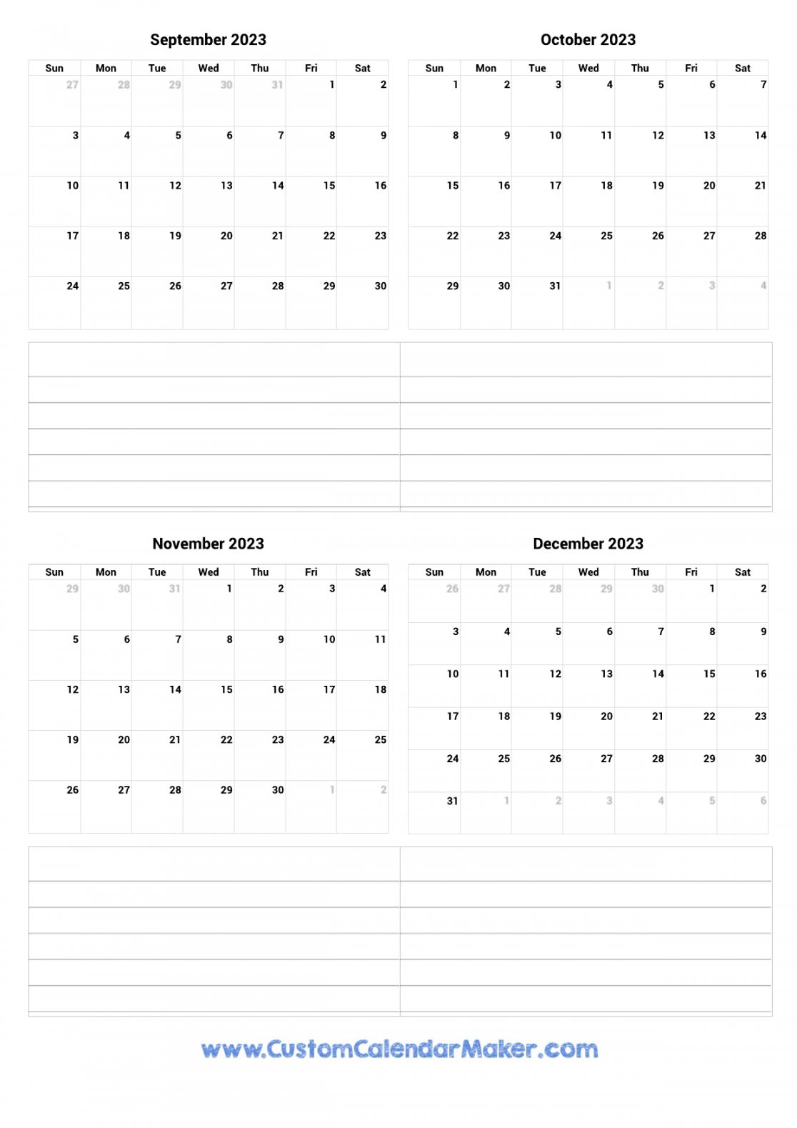 September to December  Printable Calendar