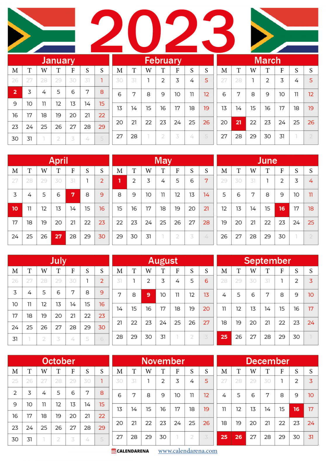 South Africa  Calendar With Holidays Printable