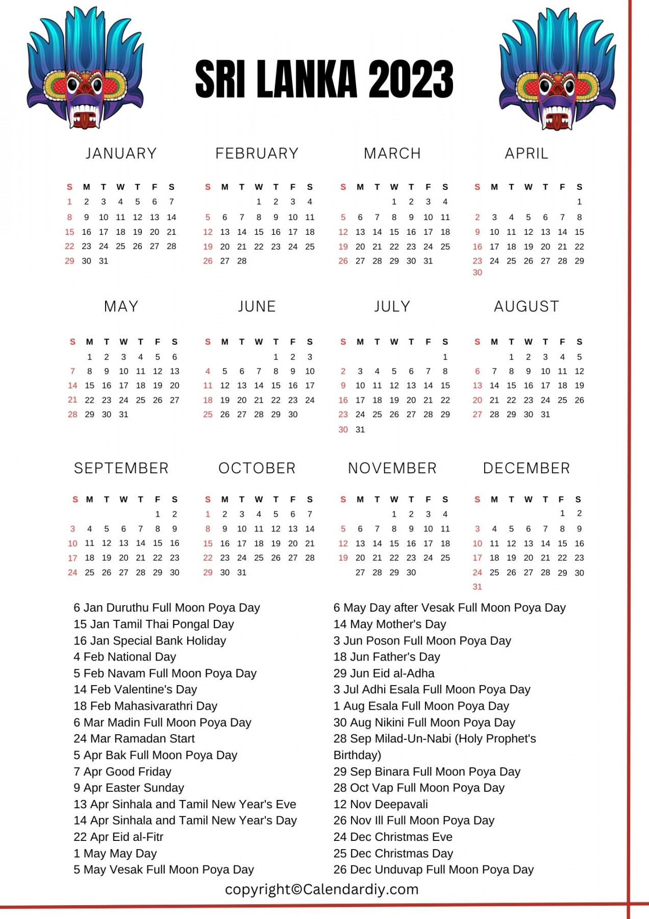 Sri Lanka  Calendar with Public Holidays in PDF