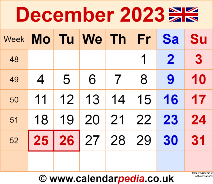 Calendar December  UK with Excel, Word and PDF templates