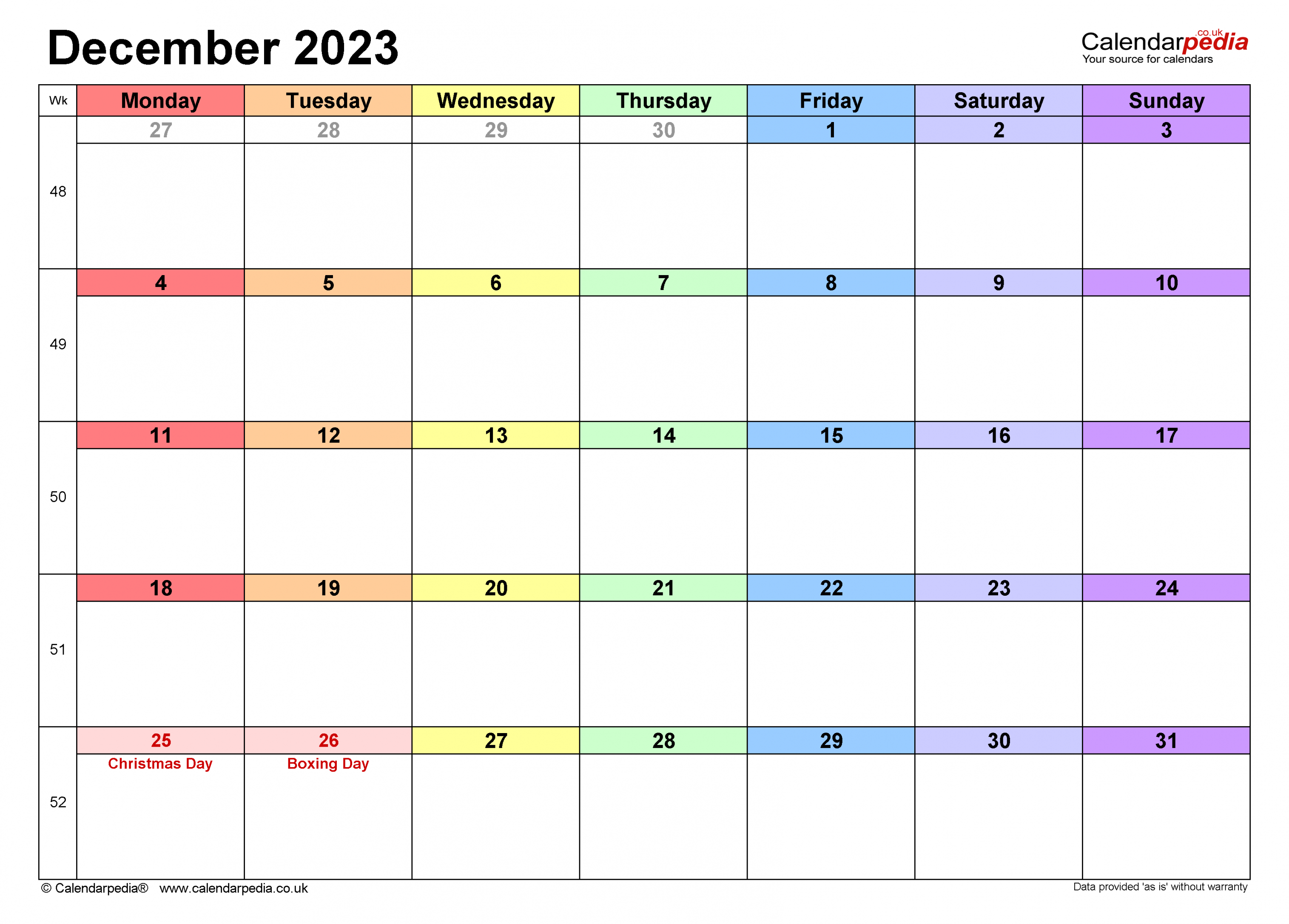 Calendar December  UK with Excel, Word and PDF templates