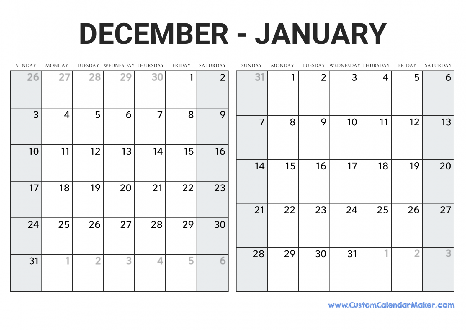December  and January  Printable Calendar Template
