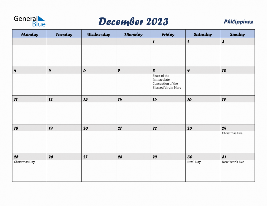 December  Monthly Calendar Template with Holidays for Philippines