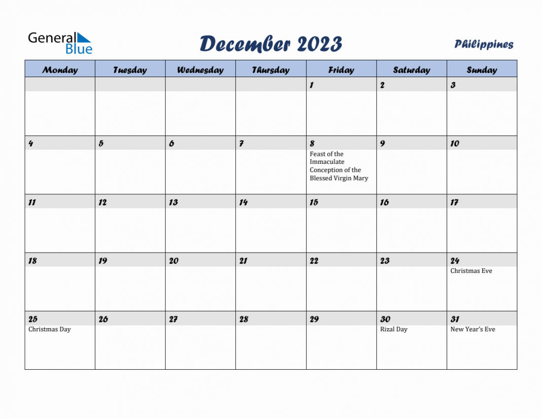 december monthly calendar template with holidays for philippines