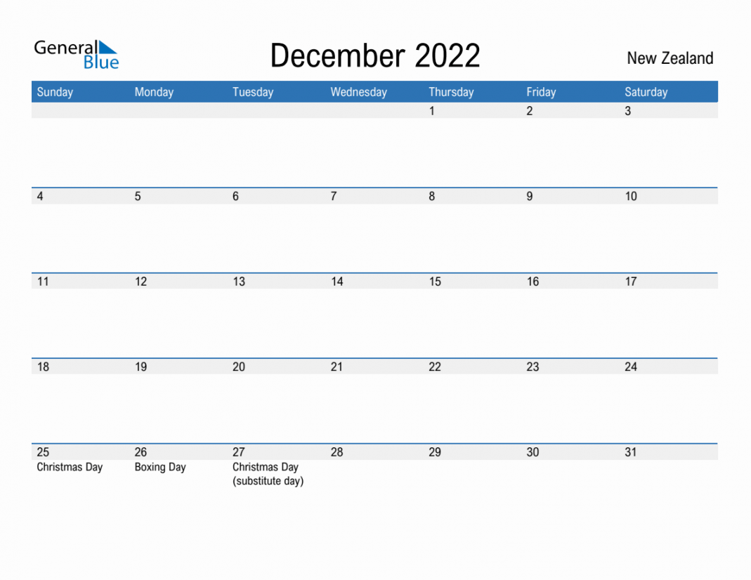 December  Monthly Calendar with New Zealand Holidays
