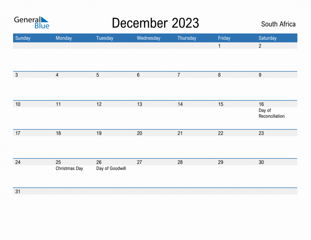 December  Monthly Calendar with South Africa Holidays