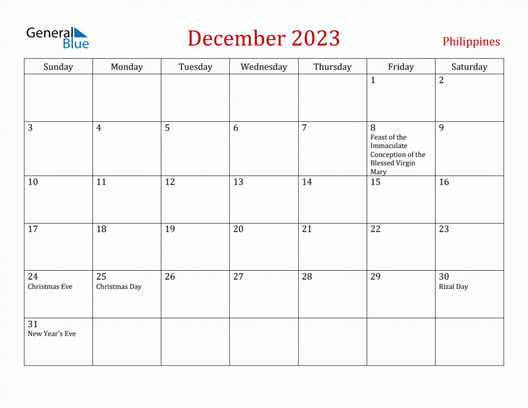 December  Philippines Monthly Calendar with Holidays