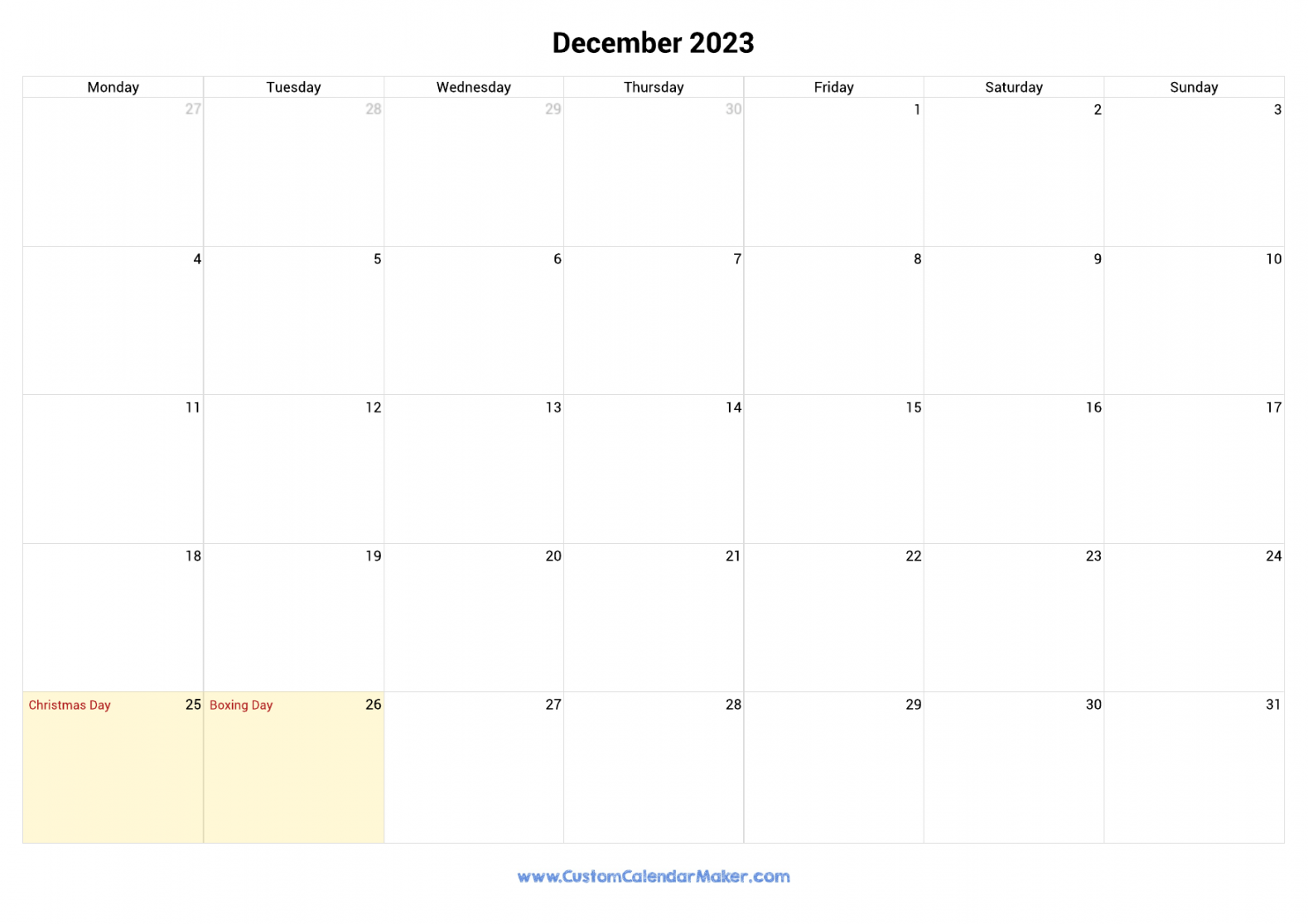 December  Printable Calendar With UK Bank Holidays