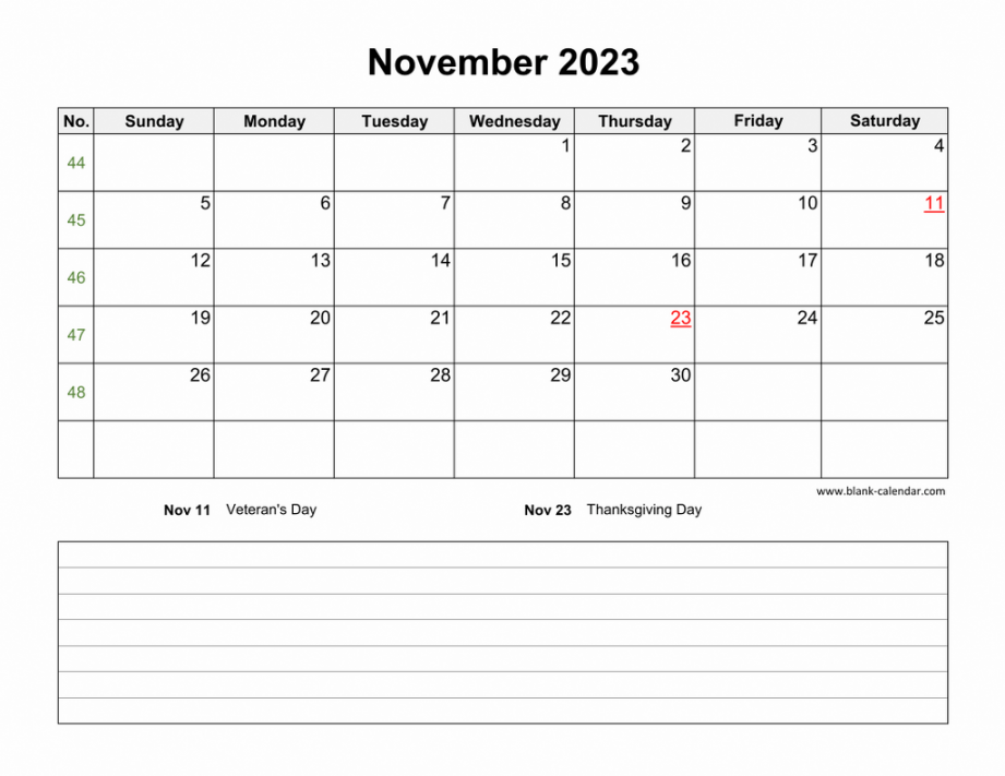 Download November  Blank Calendar with Space for Notes