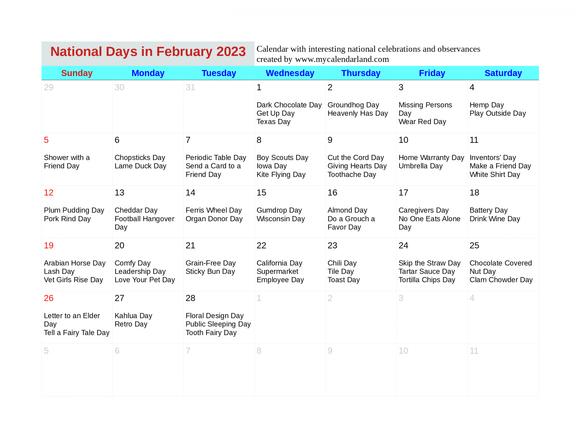 February  Calendar - My Calendar Land