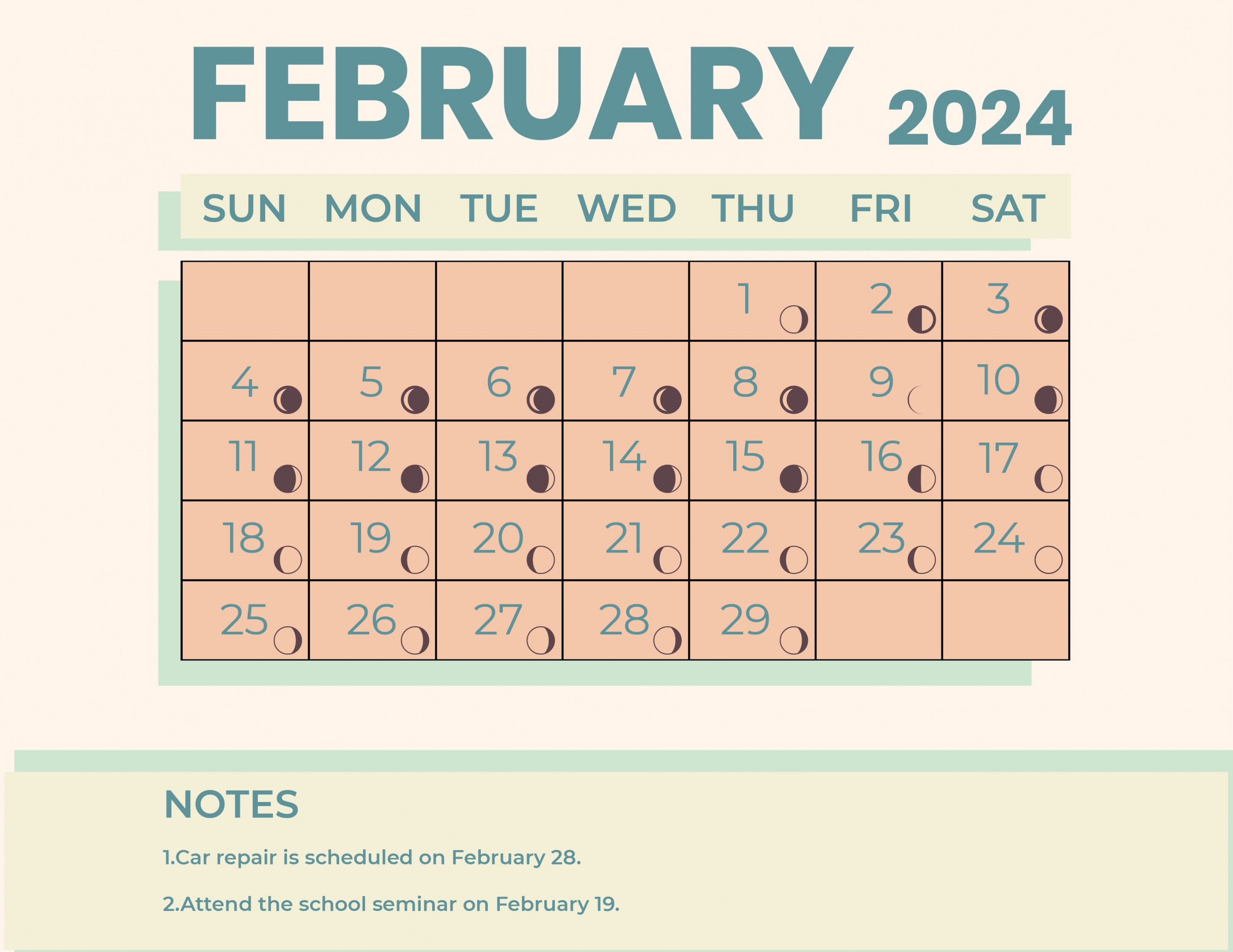 February  Calendar With Moon Phases - Download in Word