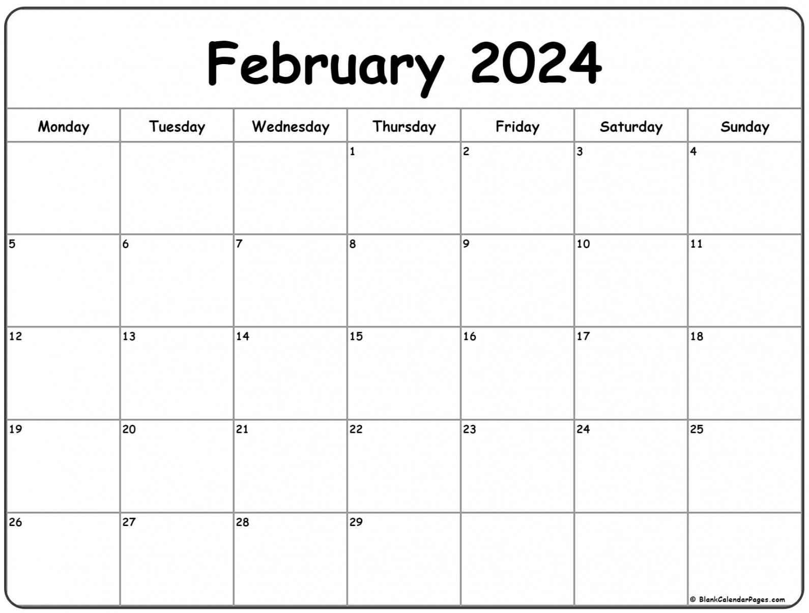 February  Monday Calendar  Monday to Sunday