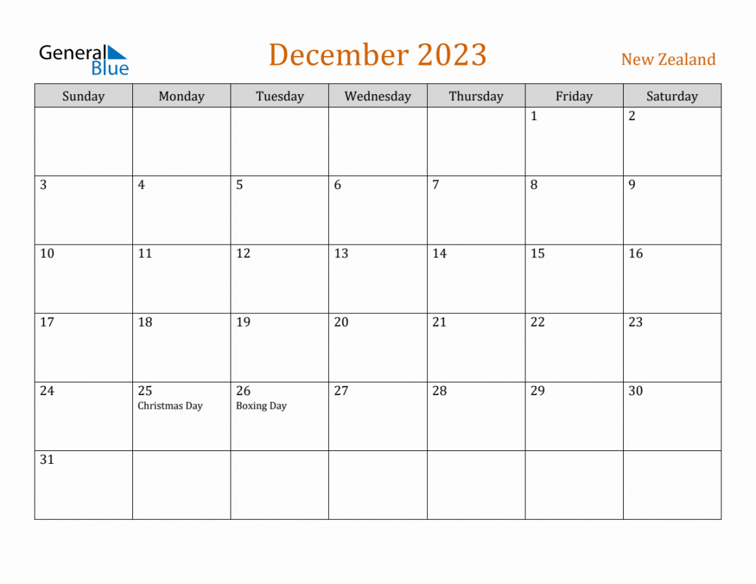 Free December  New Zealand Calendar