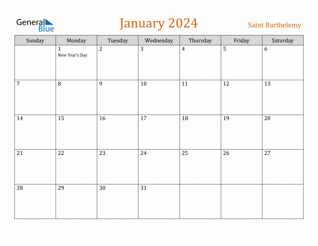 Free January  Saint Barthelemy Calendar