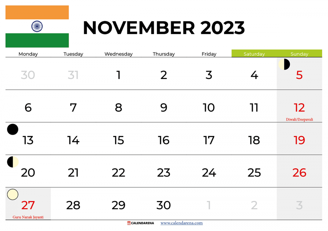Free November  Calendar India with holidays  by Calendarena