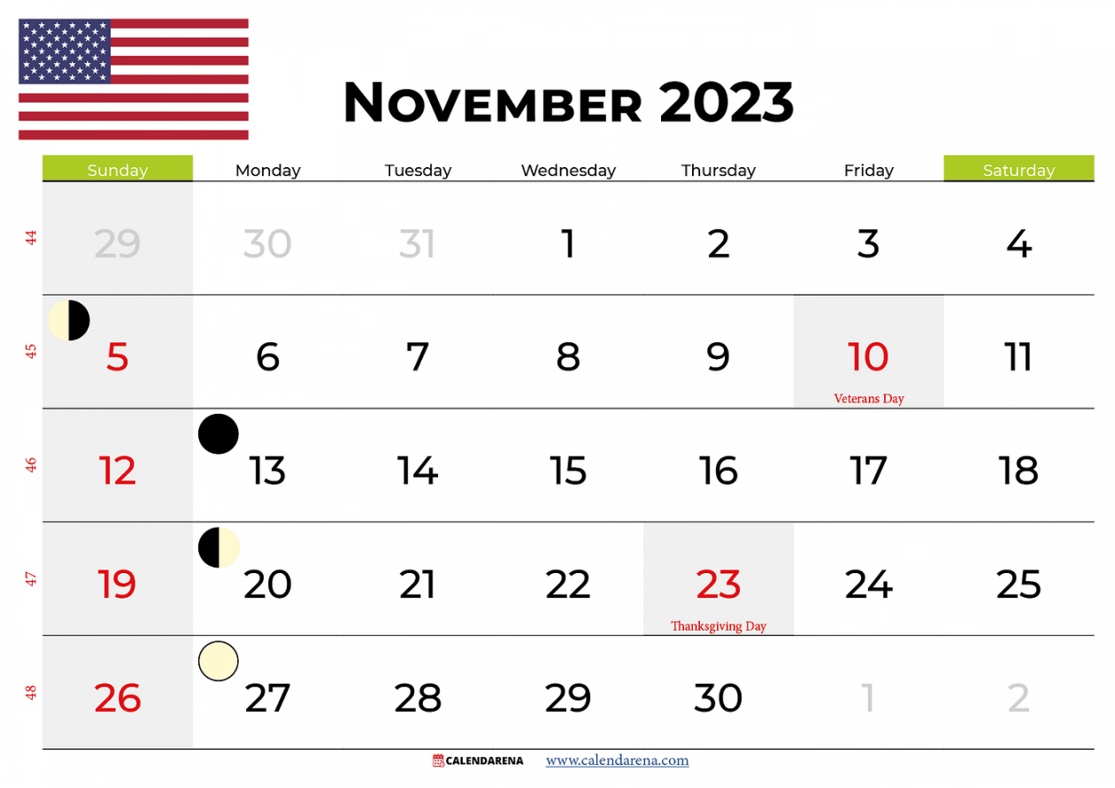 free november calendar usa with holidays by calendarena