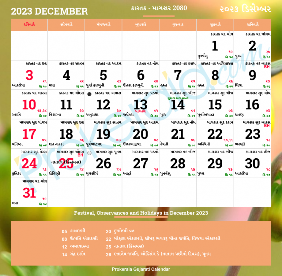 Gujarati Calendar December,   Vikram Samvat , Kartak, Magshar