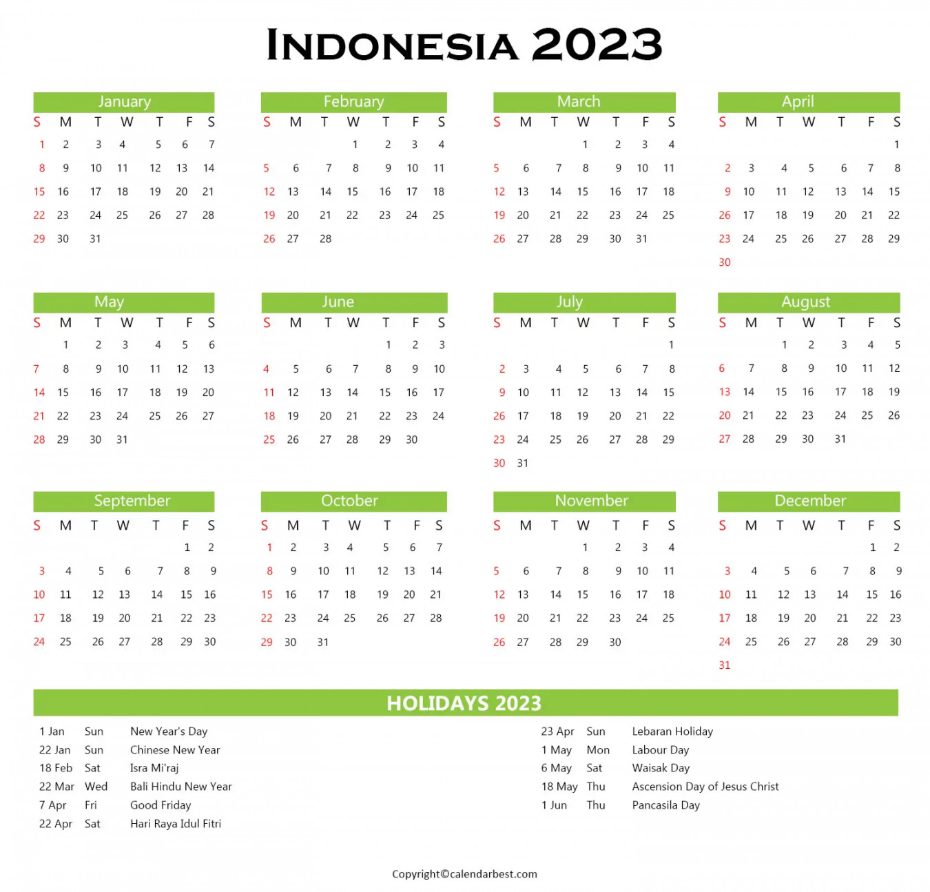 Indonesia Calendar  with Holidays - Printable in PDF