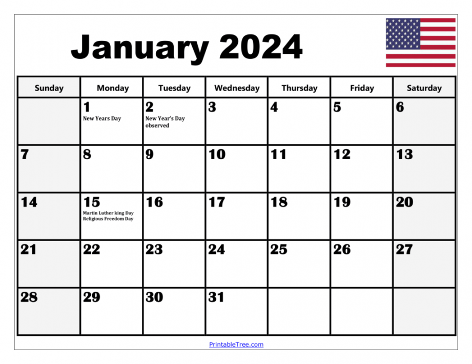January  Calendar Printable PDF Template with Holidays