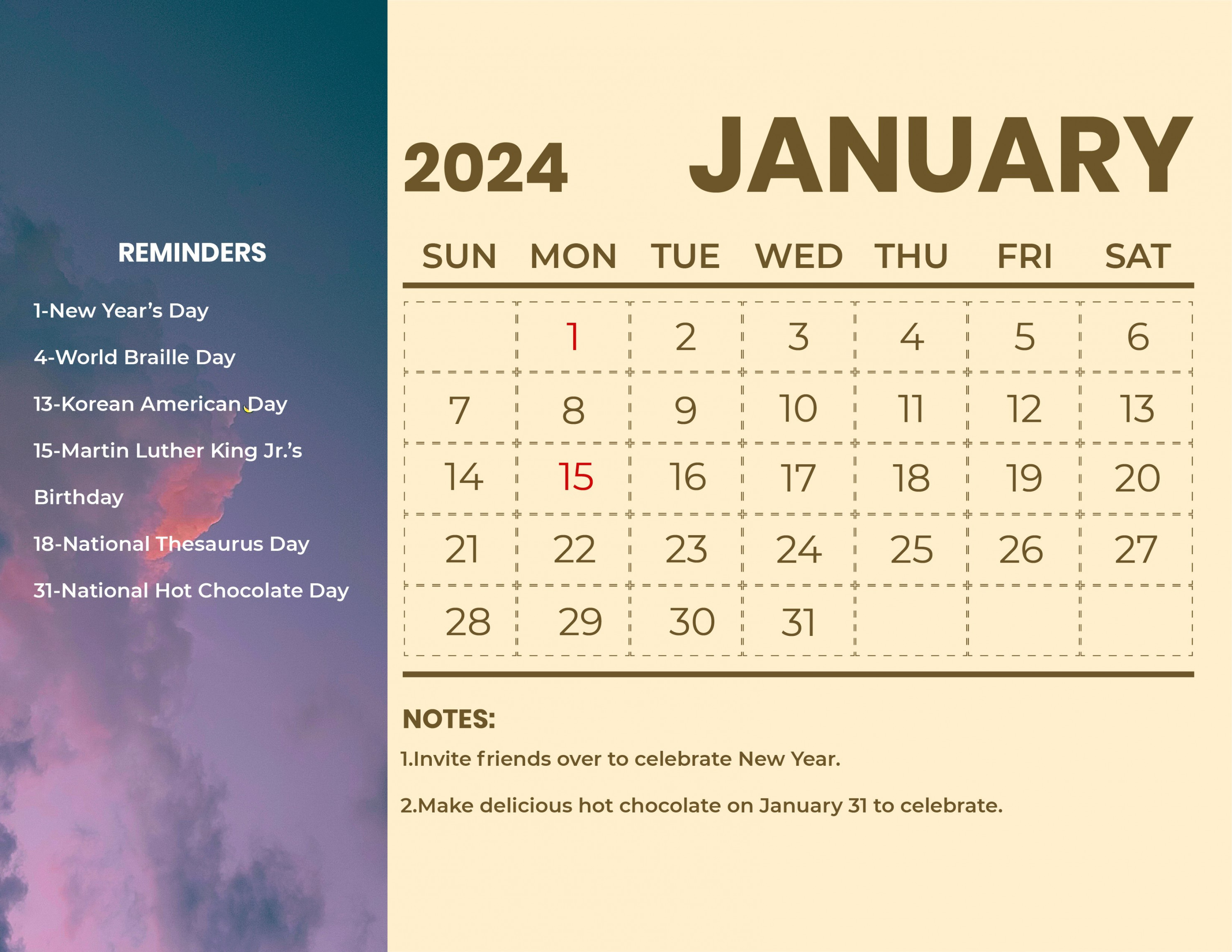 January  Calendar With Holidays - Download in Word