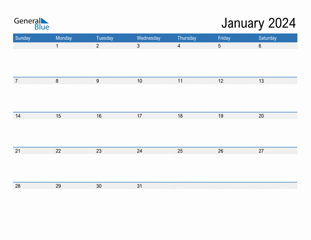 January  Monthly Calendar (PDF, Word, Excel)