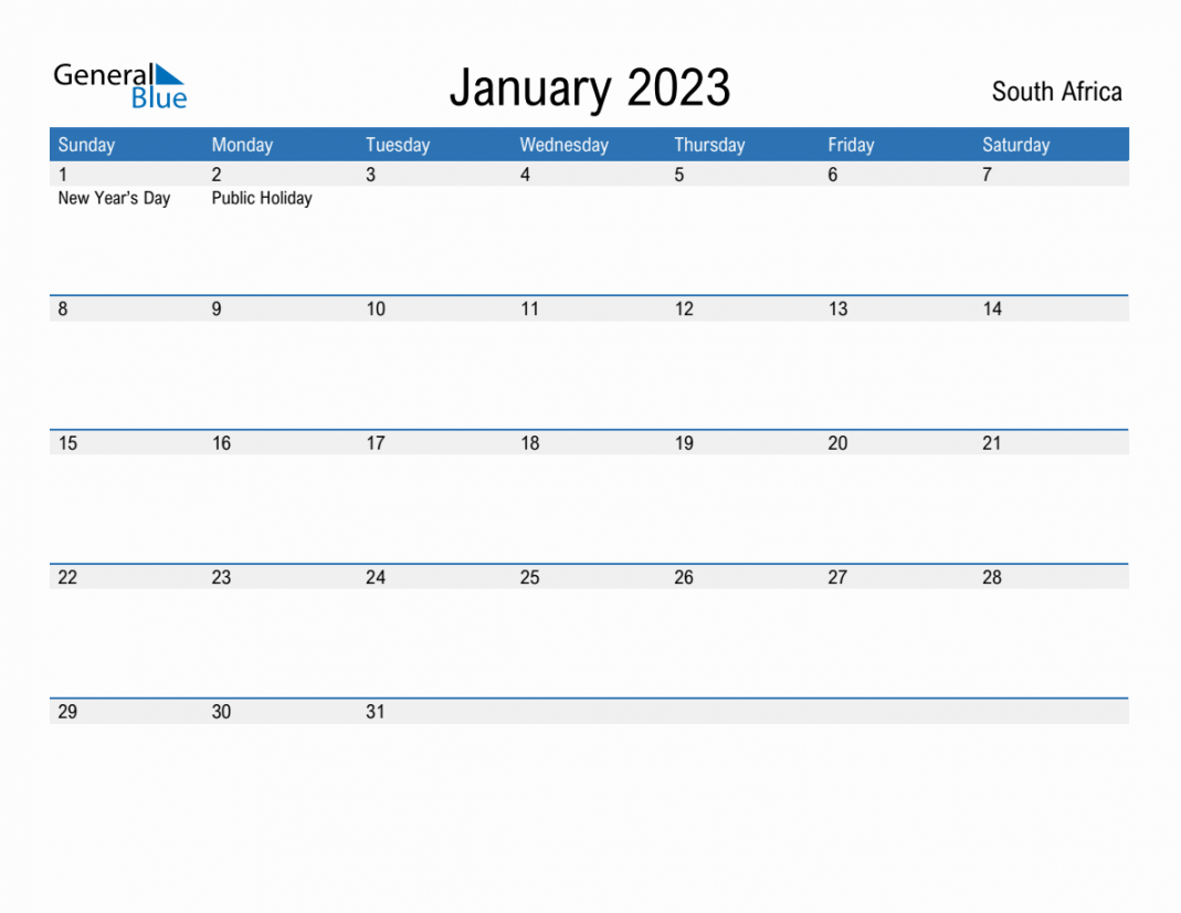 January  Monthly Calendar with South Africa Holidays