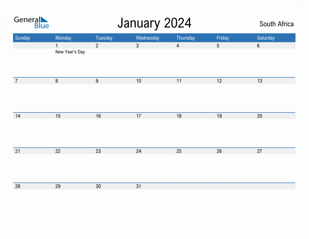 January  Monthly Calendar with South Africa Holidays