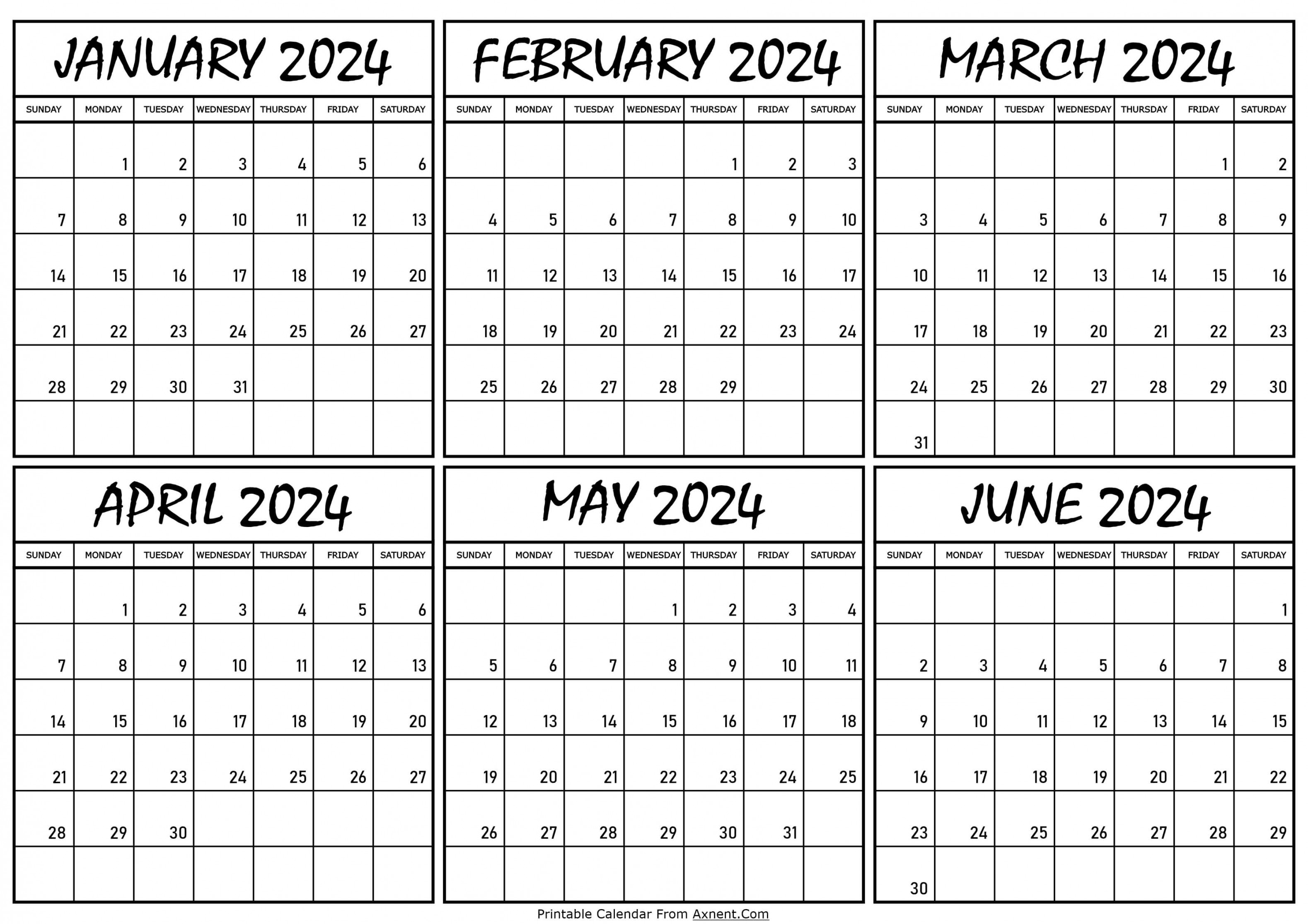 January To June  Calendar Templates - Six Months