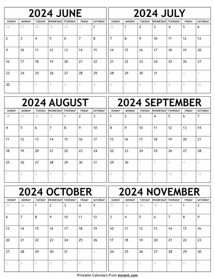 June To November  Calendar Templates - Six Months