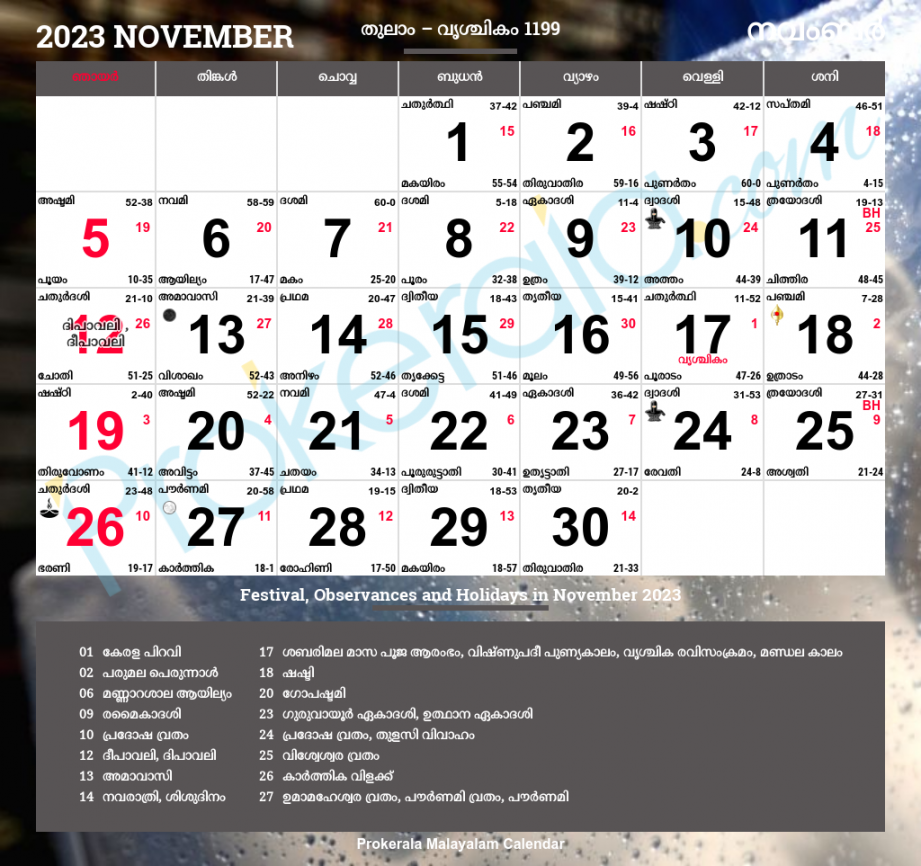 Malayalam Calendar , November